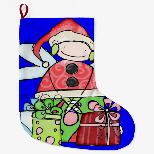 Christmas Stocking, Santa Angel Blue  Large Christmas Stocking (Front)