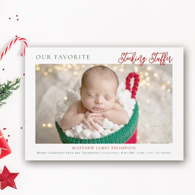Christmas Stocking Stuffer Red Green Photo Baby Announcement (funny christmas baby announcement stocking stuffer funny humorous photo cute adorable red green)