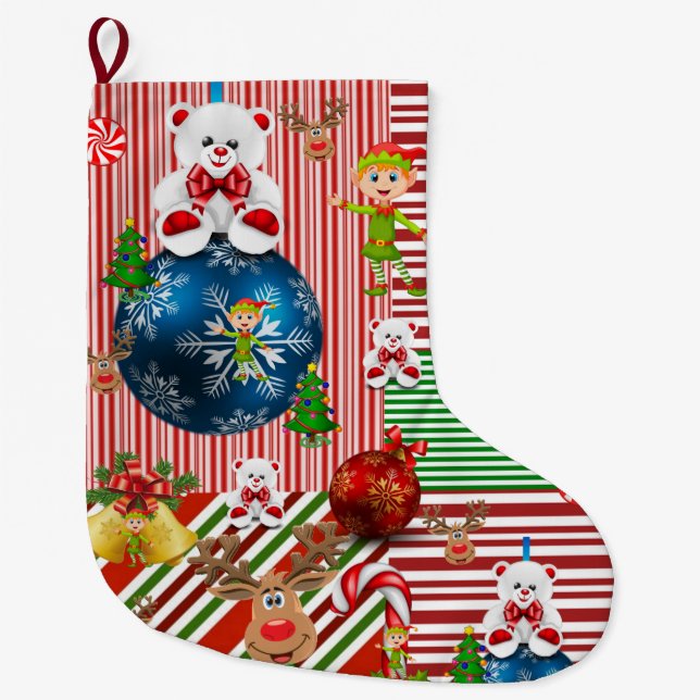 Christmas Stocking, Teddy Bear Elf Large Christmas Stocking (Front)