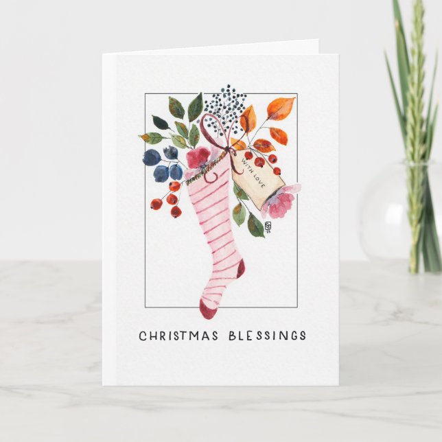 Christmas Stocking, Watercolor Print Card (Front)