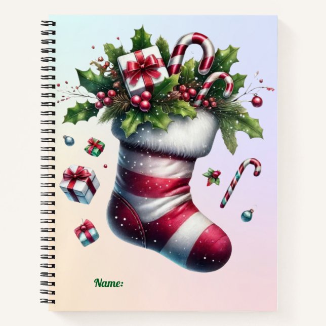 Christmas Stocking with Gifts and Candy Canes Notebook (Front)