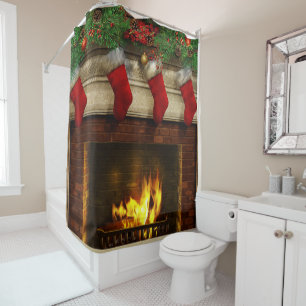Christmas Stockings and Fireplace Shower Curtain