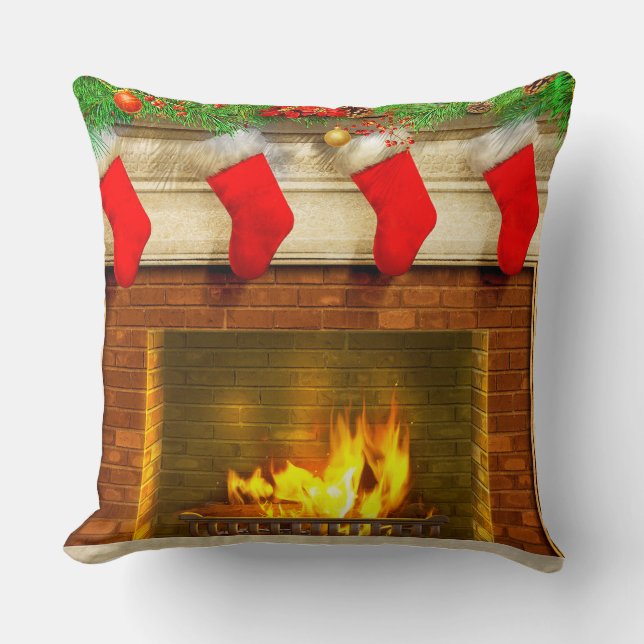 Christmas Stockings and Fireplace Throw Pillow (Front)