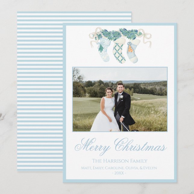 Christmas Stockings Blue One Photo Vintage  Holiday Card (Front/Back)