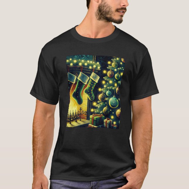 Christmas Stockings by The Fireplace Van Gogh Star T-Shirt (Front)