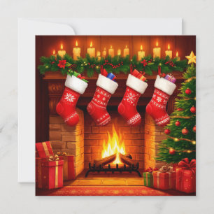 Christmas Stockings Hanging Above Warm Fireplace