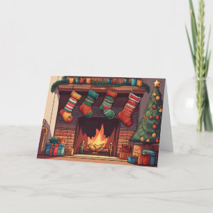 Christmas Stockings Hanging Over Fireplace  Holiday Card