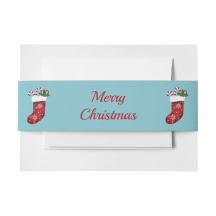 Christmas Stockings On Blue & Merry Christmas Text Invitation Belly Band