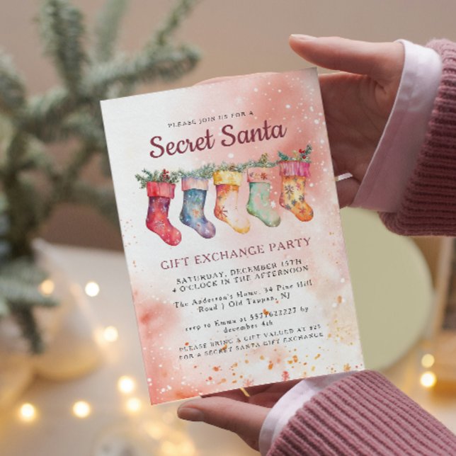 Christmas Stockings Pink Secret Santa Party Invitation (Creator Uploaded)
