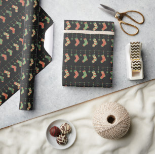 Christmas stockings red green brown garland wrapping paper