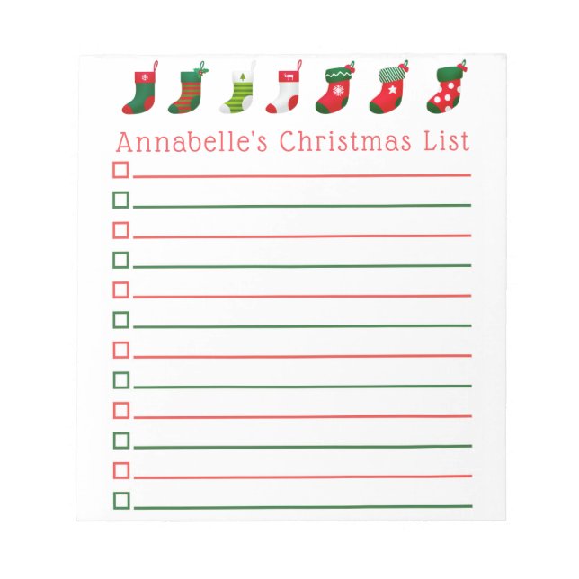 Christmas Stockings Shopping List Personalise Notepad (Front)