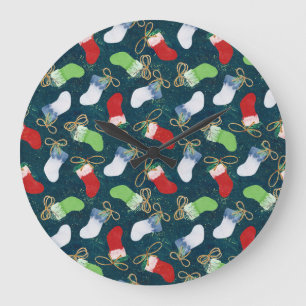 Christmas stockings, watercolor seamless pattern. large clock
