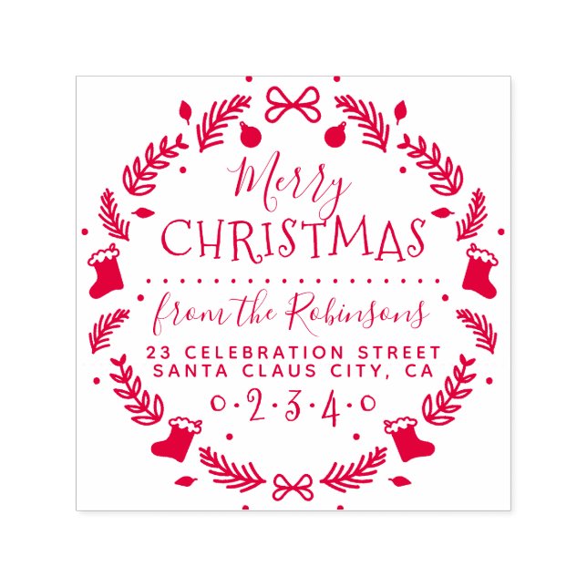 Christmas Stockings Wreath Name & Return Address Self-inking Stamp (Design)