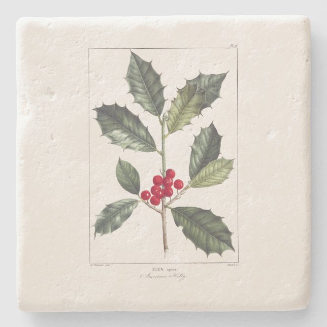 CHRISTMAS  STONE COASTER : HOLLY  : REDOUTÉ (Front)