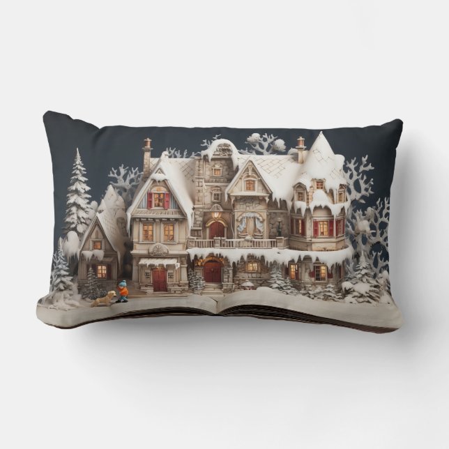 Christmas Storybook Manor With Child & Dog Lumbar Cushion (Front)