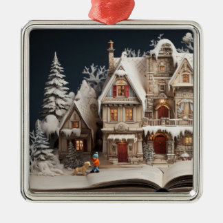 Christmas Storybook Manor With Child & Dog Metal Tree Decoration