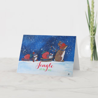 Christmas Strawberries Whimsical Bunny Rabbit Sled Card