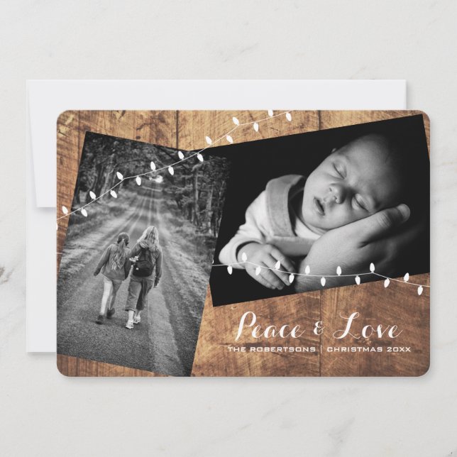 Christmas Strewn Photos Wood Lights Peace & Love Holiday Card (Front)