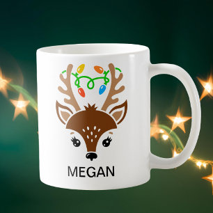 Christmas String Lights Antlers Reindeer Face Coffee Mug