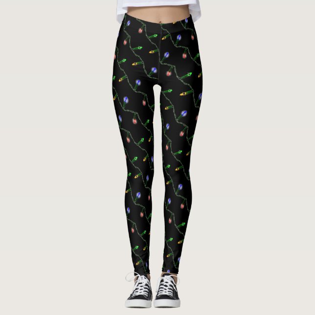 Christmas String Lights On Custom Black Leggings (Front)
