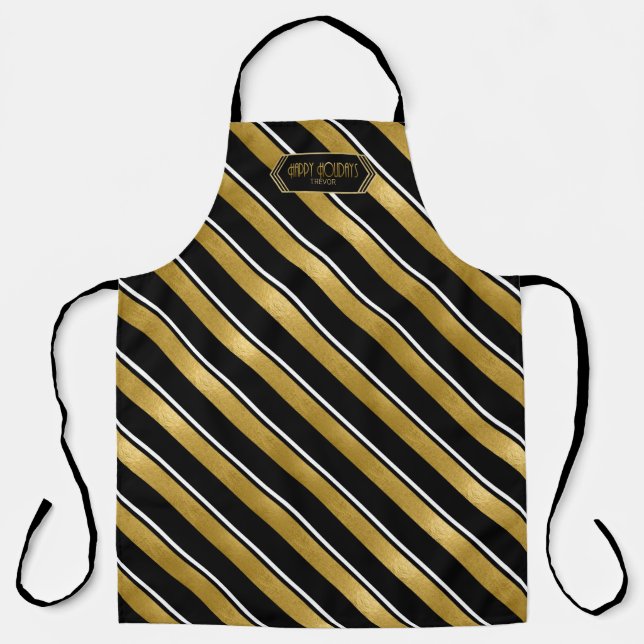 Christmas Stripe Pattern Gold/Black ID862  Apron (Front)