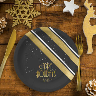 Christmas Stripe Pattern Gold/Black ID862 Paper Plate