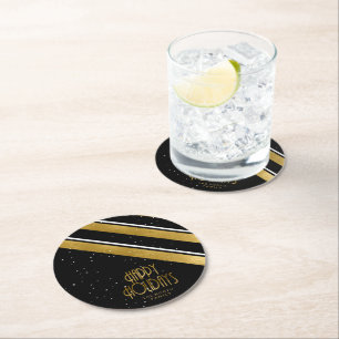 Christmas Stripe Pattern Gold/Black ID862 Round Paper Coaster