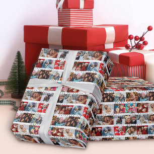 Christmas Stripe Photo Name Collage Holiday Wrapping Paper