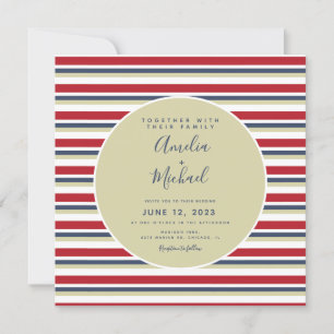 Christmas Stripes Beige Red Navy Vintage Wedding Invitation