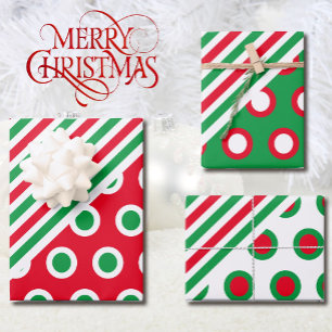 Christmas Stripes & Dots - Red Green Festive Gift Wrapping Paper Sheet