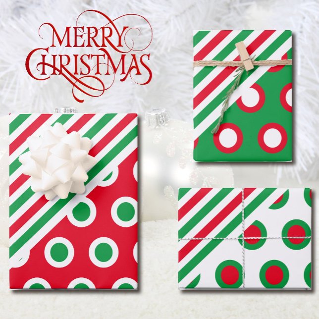 Christmas Stripes & Dots - Red Green Festive Gift Wrapping Paper Sheet (Creator Uploaded)