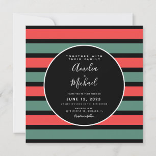 Christmas Stripes Green Red Black Wedding Invitation