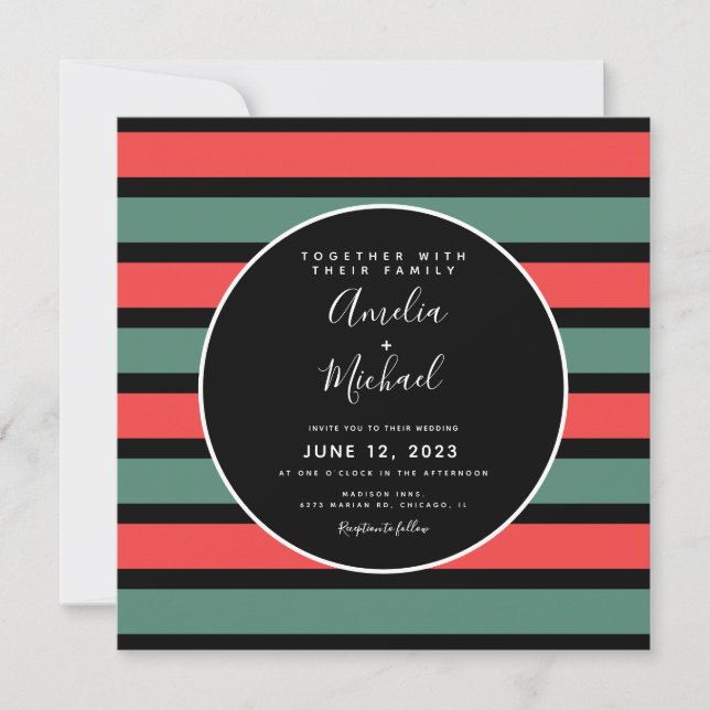 Christmas Stripes Green Red Black Wedding Invitation (Front)