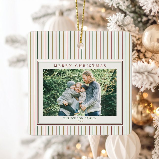 Christmas Stripes One Photo Ceramic Ornament (Creator Uploaded)