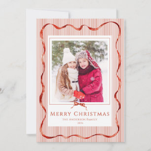Christmas Stripes Red Bow One Photo Holiday Card