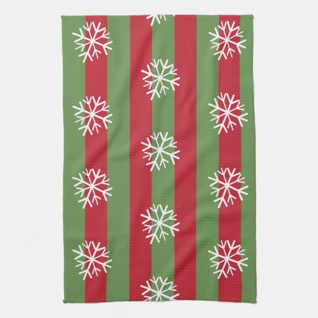 Christmas Stripes Snowflakes Festive Red Green Tea Towel (Vertical)