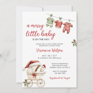 Christmas Stroller Merry Little Girl Baby Shower  Invitation