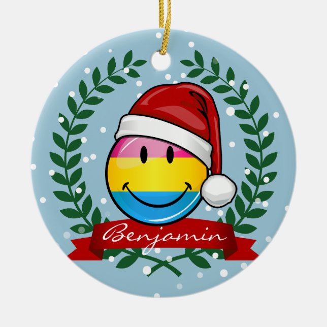 Christmas Style Pansexual Pride Flag. Ceramic Tree Decoration (Front)