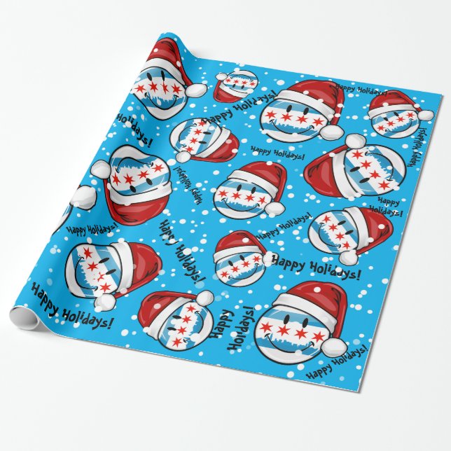 Christmas Style Smiling Chicago Flag Wrapping Paper (Unrolled)