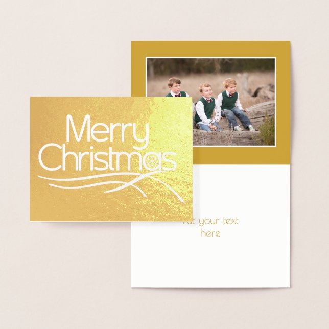 Christmas stylised script and snowflake photo gold foil card (Display)