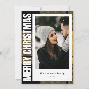 Christmas Stylish Modern Black & Gold Tartan Plaid Holiday Card