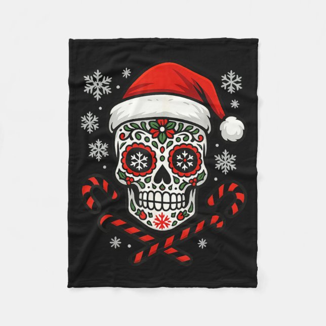 Christmas Sugar Calavera Skull Santa Hat Candy Can Fleece Blanket (Front)
