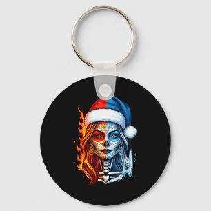 Christmas Sugar Skull Art Woman Santa Hat Fantasy  Key Ring