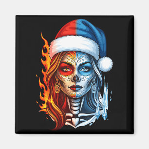 Christmas Sugar Skull Art Woman Santa Hat Fantasy  Magnet