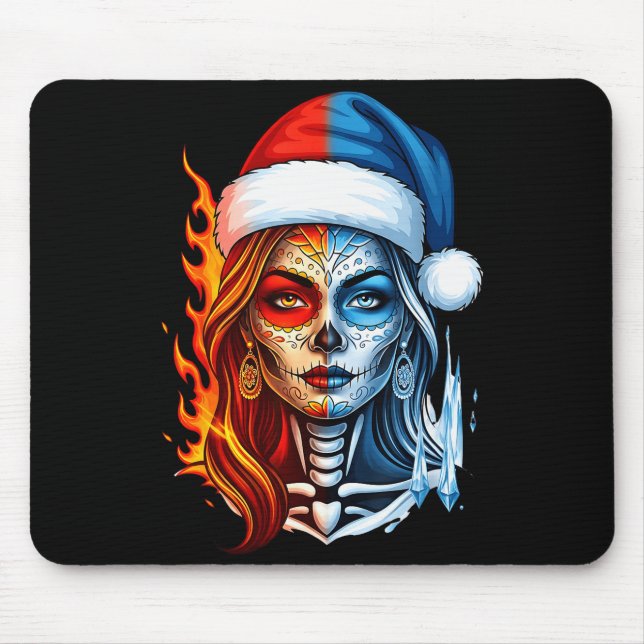 Christmas Sugar Skull Art Woman Santa Hat Fantasy  Mouse Pad (Front)