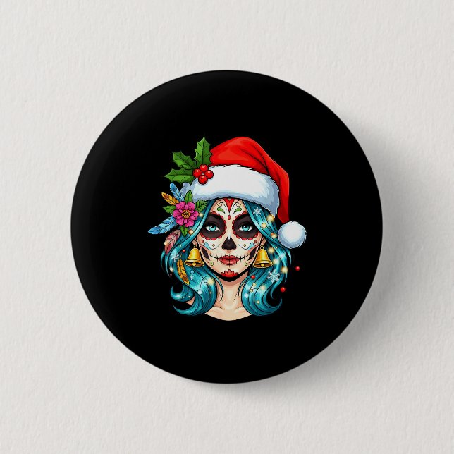 Christmas Sugar Skull Art Woman Santa Hat Festive  6 Cm Round Badge (Front)