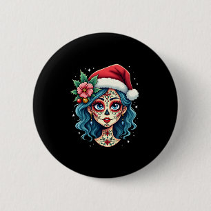 Christmas Sugar Skull Art Woman Santa Hat Festive 6 Cm Round Badge