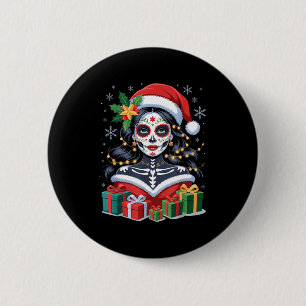 Christmas Sugar Skull Art Woman Santa Hat Festive 6 Cm Round Badge