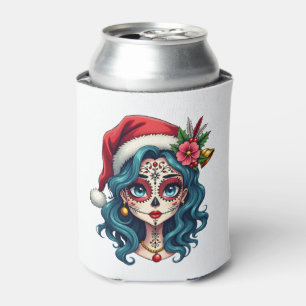 Christmas Sugar Skull Art Woman Santa Hat Festive Can Cooler