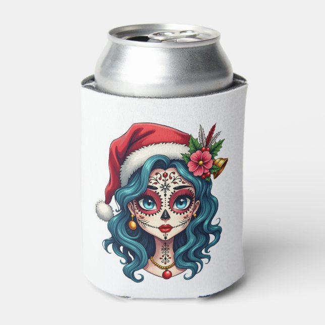 Christmas Sugar Skull Art Woman Santa Hat Festive  Can Cooler (Can Front)